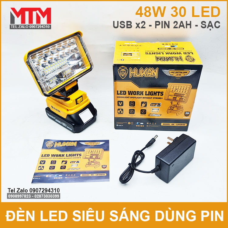 Đèn led siêu sáng dùng pin phổ thông Makita M21 VF 18V 21V 48W Hukan HK-LB4IN48 25 Den Led Sieu Sang 21V 48W Pin Hukan HK LB4in48 Pin 2ah Sac